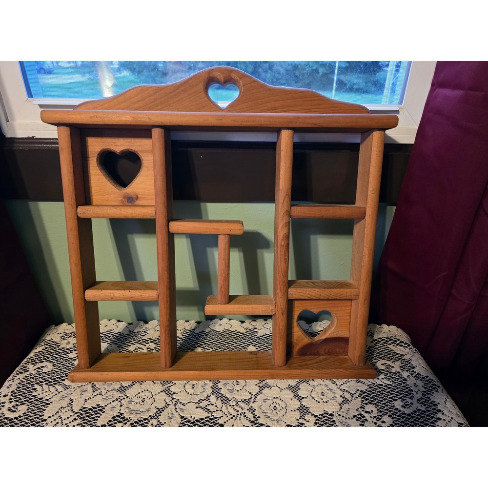 Vintage Wooden Shadow Box Wall Shelf Heart Cutouts Rustic Country Display Case